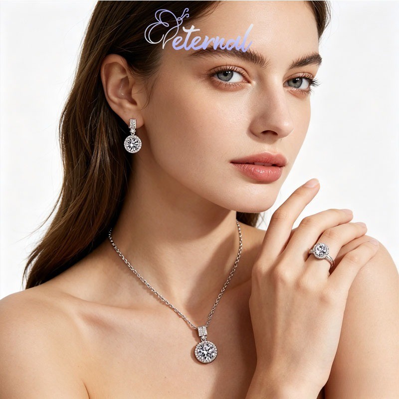 Eternal Set Tiga Potong Mewah Anting Cincin dan Kalung dengan Hiasan Bertatahkan untuk Gaya Putri