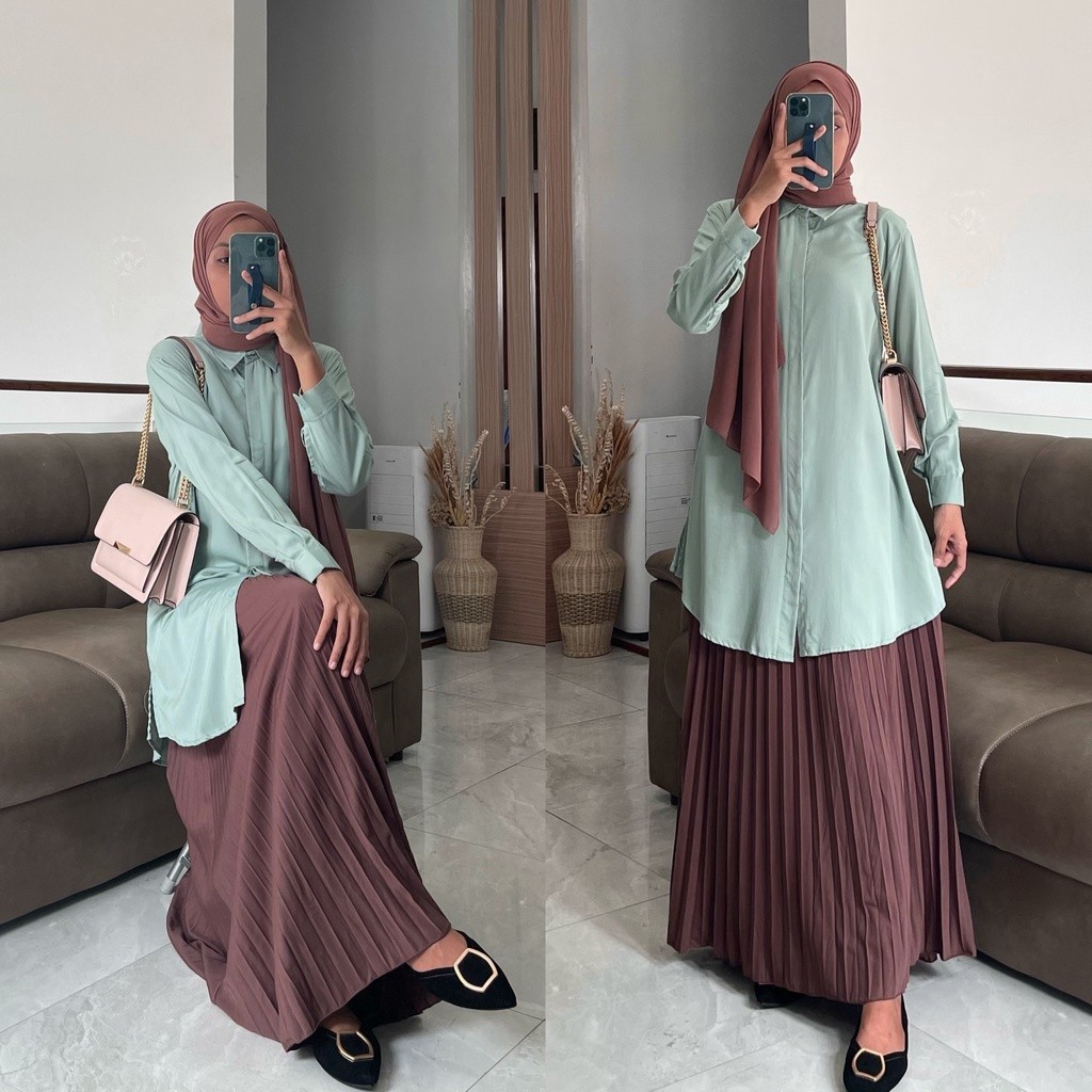 DF - New Tunik Muslimah Rayon Twill Adem, Full Kancing Depan & Lengan Manset – Big Size Ready