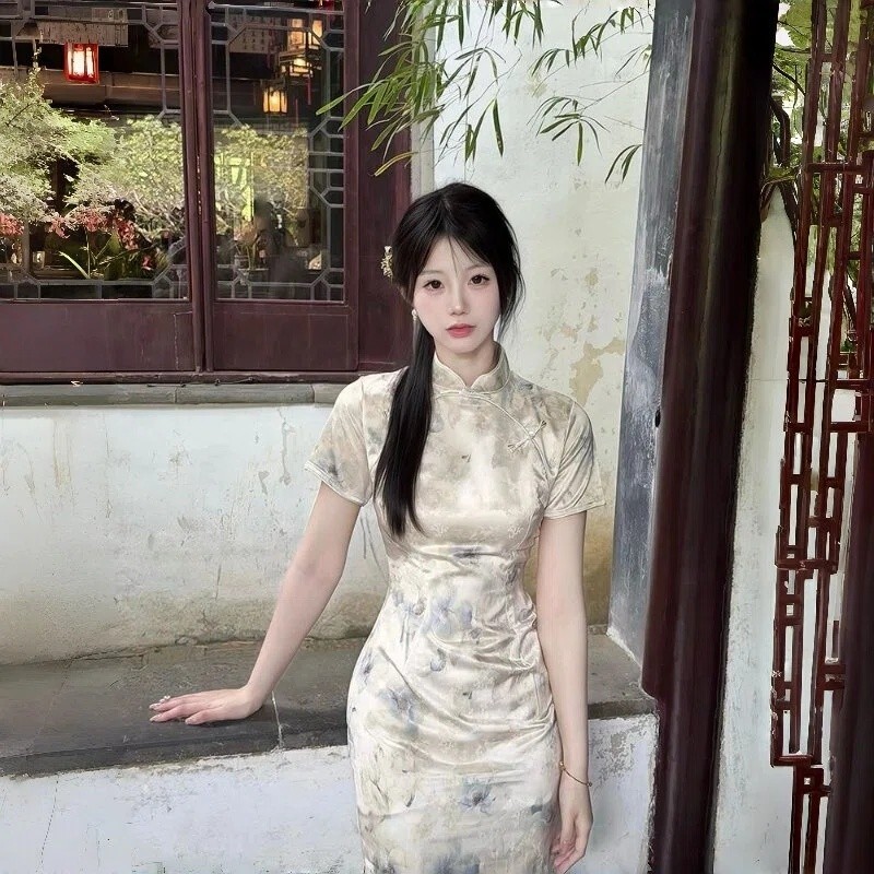 Gaun Cheongsam Wanita Satin Slim Fit Maxi Dress Motif Tie Dye Gaya Cina Gaun Premium Elegan Pesta