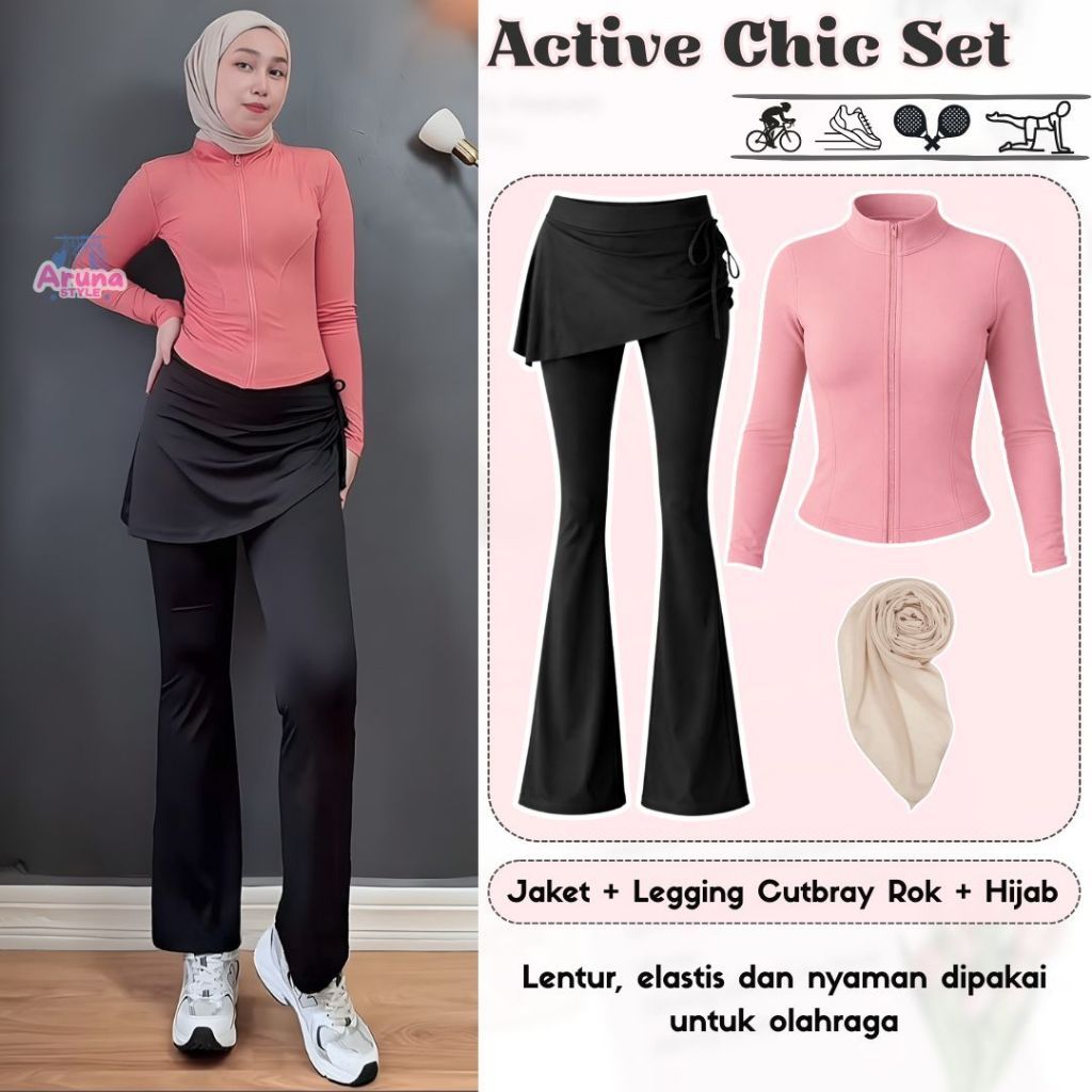 Setelan Baju Olahraga Wanita Kekinian Nyaman Dipakai (Jacket Anti UV Lengan Panjang Premium, Legging