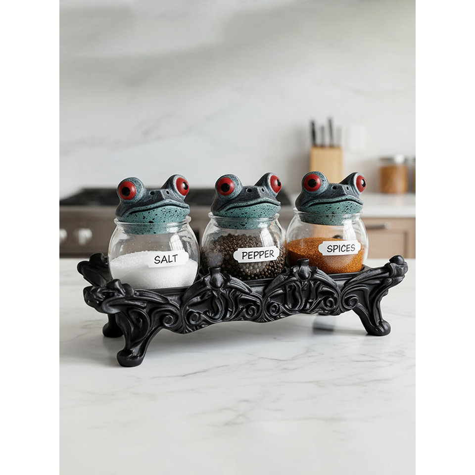 Handcrafted Witchy Frog Apothecary Spice Jars Clear Seasoning Jars 3 Piece Frog Spice Jar Set Spice 