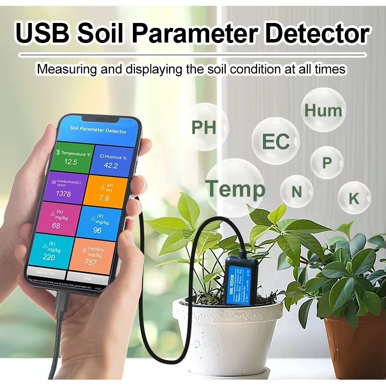 8 in 1 Soil Tester PH Tanah NPK EC Moisture Temperature Digital Meter USB C Android App Sensor Tanah