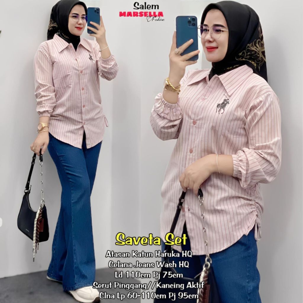 ada grup reseller tanyakan ke admin alyastore SAVETA SET  MARSELLASET CELANA JEANS KEMEJA SALUR  aly