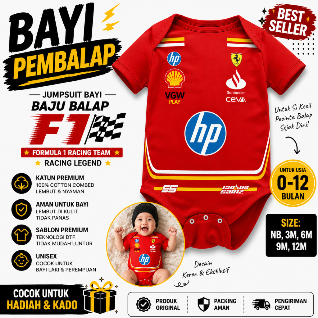 Jumpsuit Baju Bayi Baju Balap F1 Romper Bayi Formula 1 Usia Newborn 0-12 Bulan.