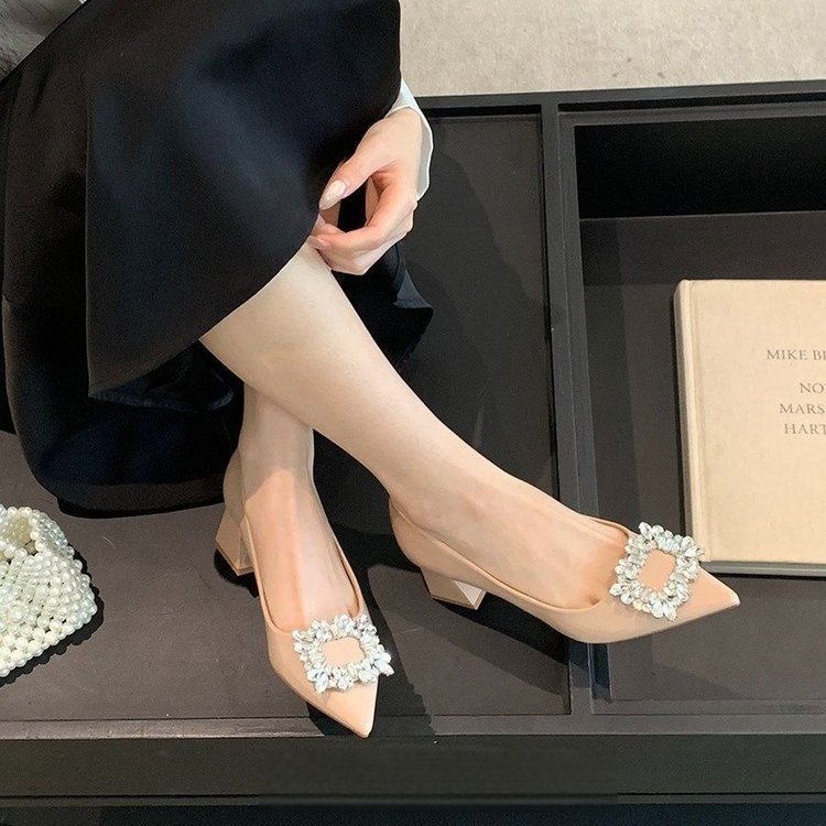 Sepatu Hak Tinggi Wanita Model Runcing Berhias Batu Kristal, Hak Tebal Kasual