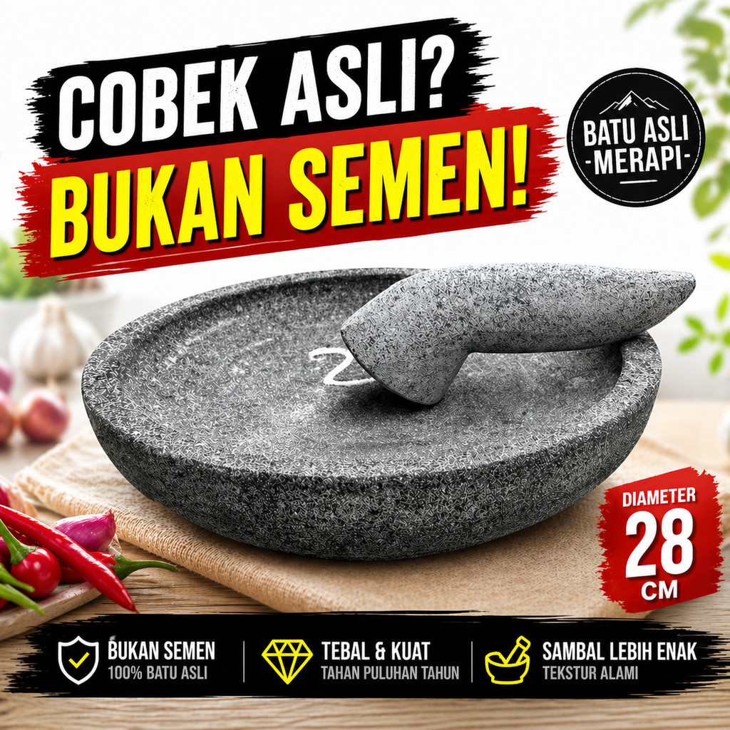 Gerabahku Jogja | Cobek Batu Asli Original + Ulekan Munthu Muntu Muntilan Merapi - 28 cm