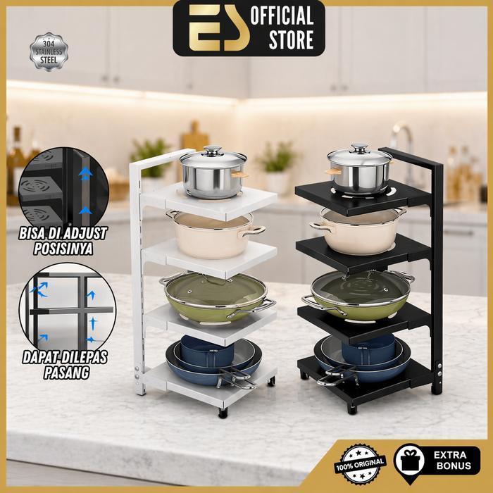 [COD] ES Rak Panci Bawah Wastafel Susun Stainless Tahan Karat Adjustable Putih & Hitam - PUTIH, 3 TI