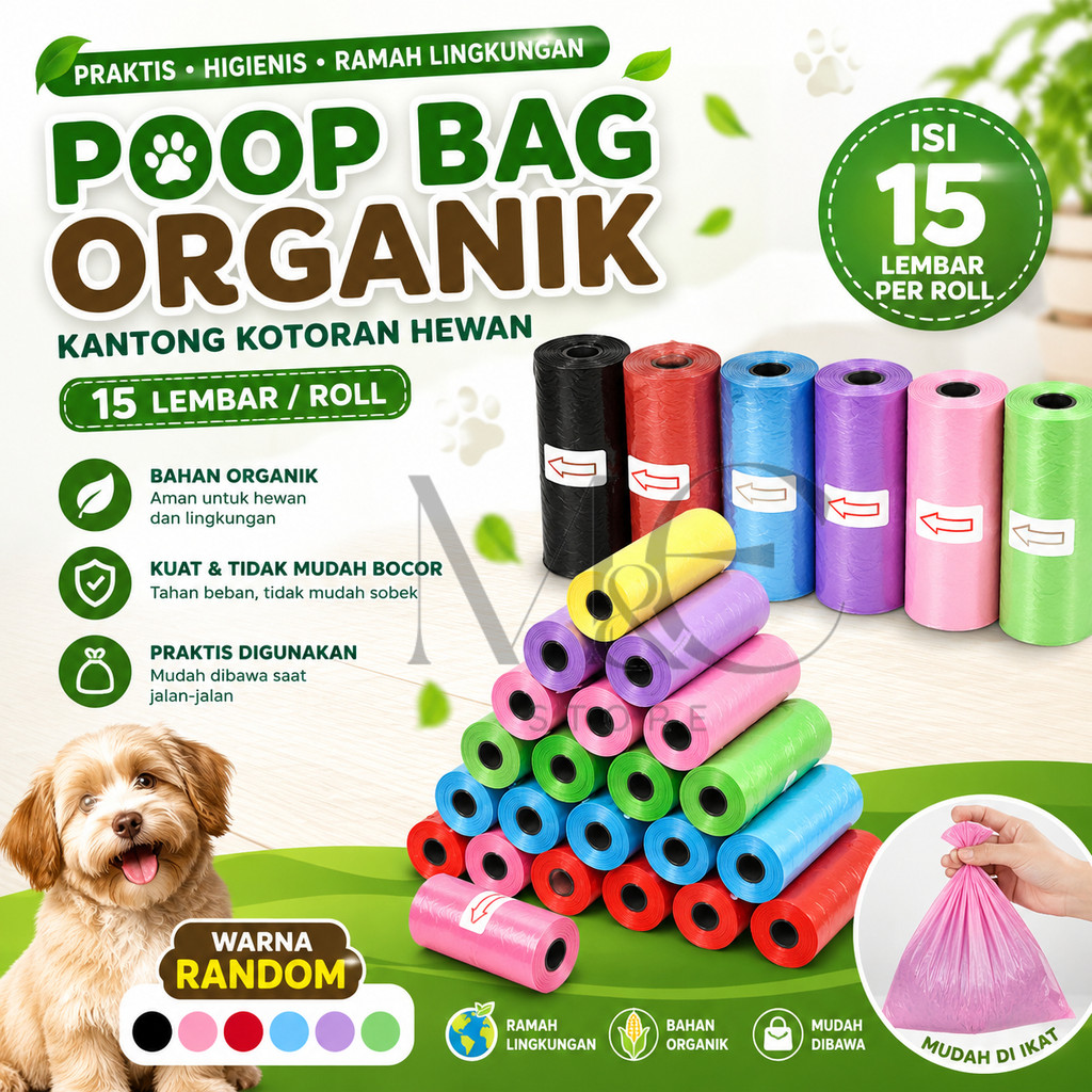 M&E | Poop Bag Polos Isi 15 Kantong Sampah Roll Plastik Pup Anjing Kucing Pet Waste Bag Portable Pla