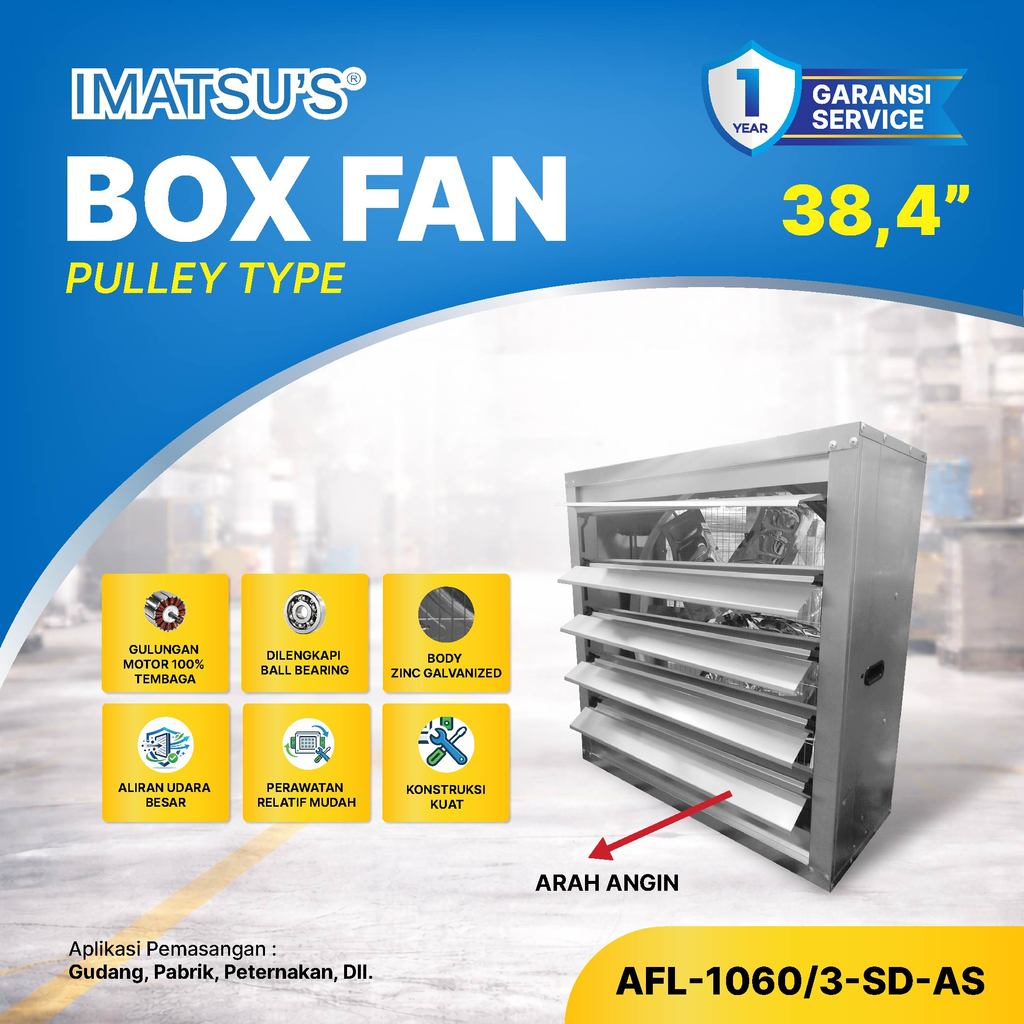 Imatsu’s Axial Box Fan 38.4 Inch Pulley Type – Kipas Box Industri Zinc Galvanized untuk Gudang, Pabr