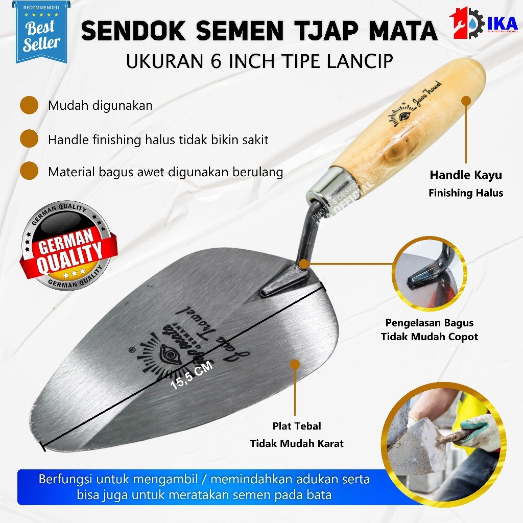 READY Tjap Mata Sendok Semen Lancip 6" Stainless Gagang Kayu Model ProfilSendok Semen Gagang Kayu Bu