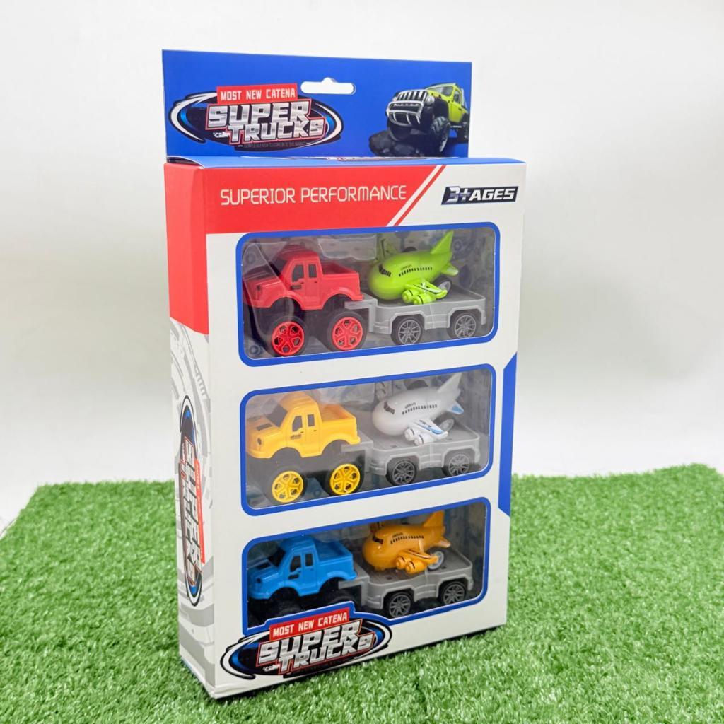 Mainan Anak Mobil Truck Derek Mesin Pull Back isi 6pcs Mobil Jeep + Pesawat