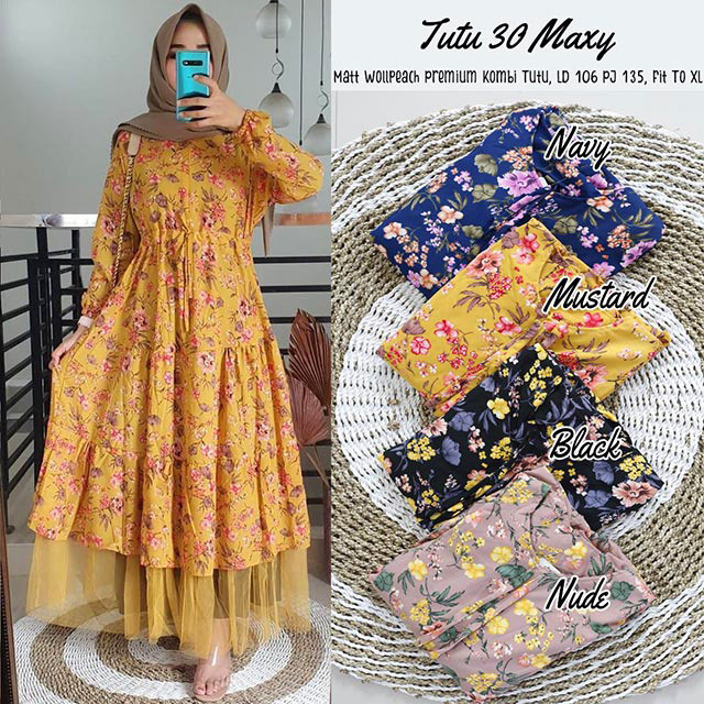 GAMIS TUTU / TUTU30 BUNGA MAXY WOLLPEACH WOLVIS MONALISA GROSIR TERMURAH DRESS MURAH IBU REMAJA TERB