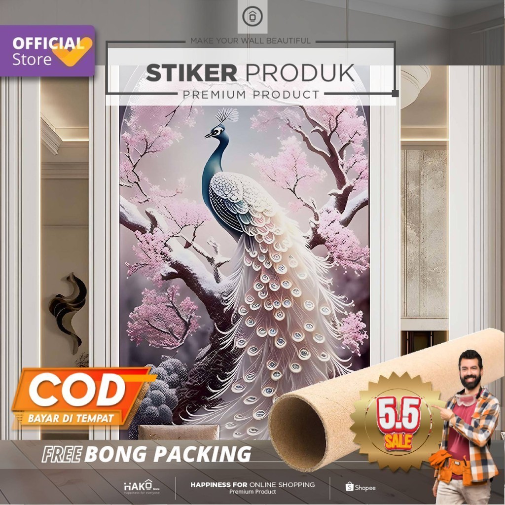 Stiker Dinding | Stiker Dinding Merak Bunga 3D | Stiker Dinding Motif Merak 3D | Stiker Dinding Gamb