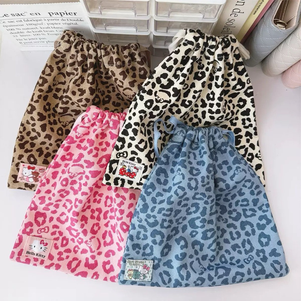 Leopard Jeans Pouch Serut Makeup Skincare Kosmetik Tas Dompet Cewe Motif Macan Aesthetic Korea Cewek