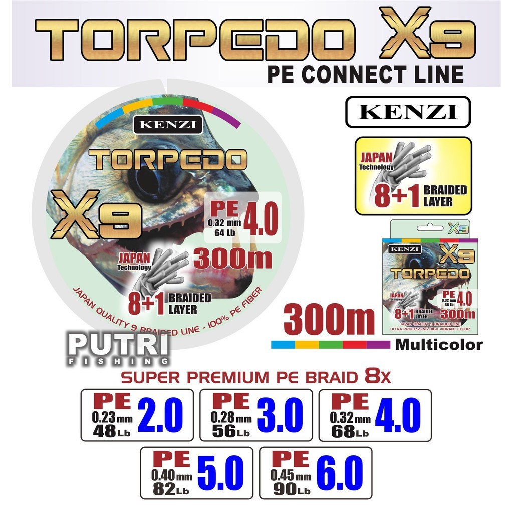 Senar Pancing PE KENZI TORPEDO X9 300 meter Multicolor Braided Line Super Halus & Kuat Jalinan 8+1