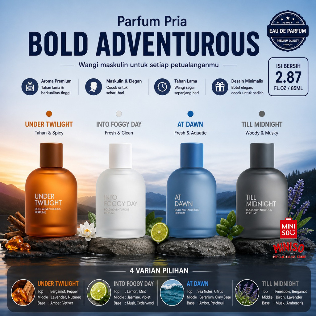 Official BALI MINISO Parfum Pria Bold Adventurous Perfume Miniso New Series At Dawn Into Foggy Day T