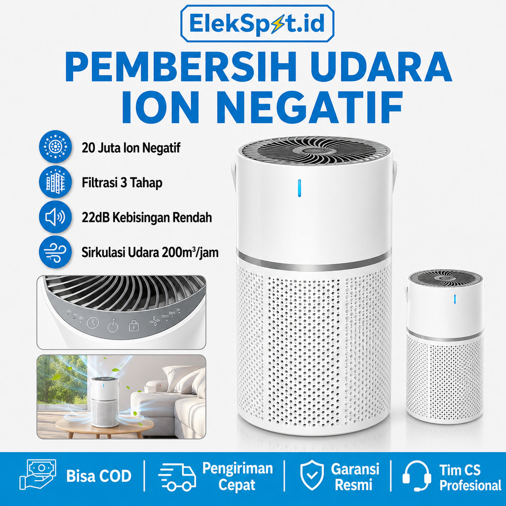 Air Purifier Ion Negatif 20Juta Mini Senyap 22dB HEPA Filter 3in1 200m³/h Area 48m² Anti PM2.5 Touch