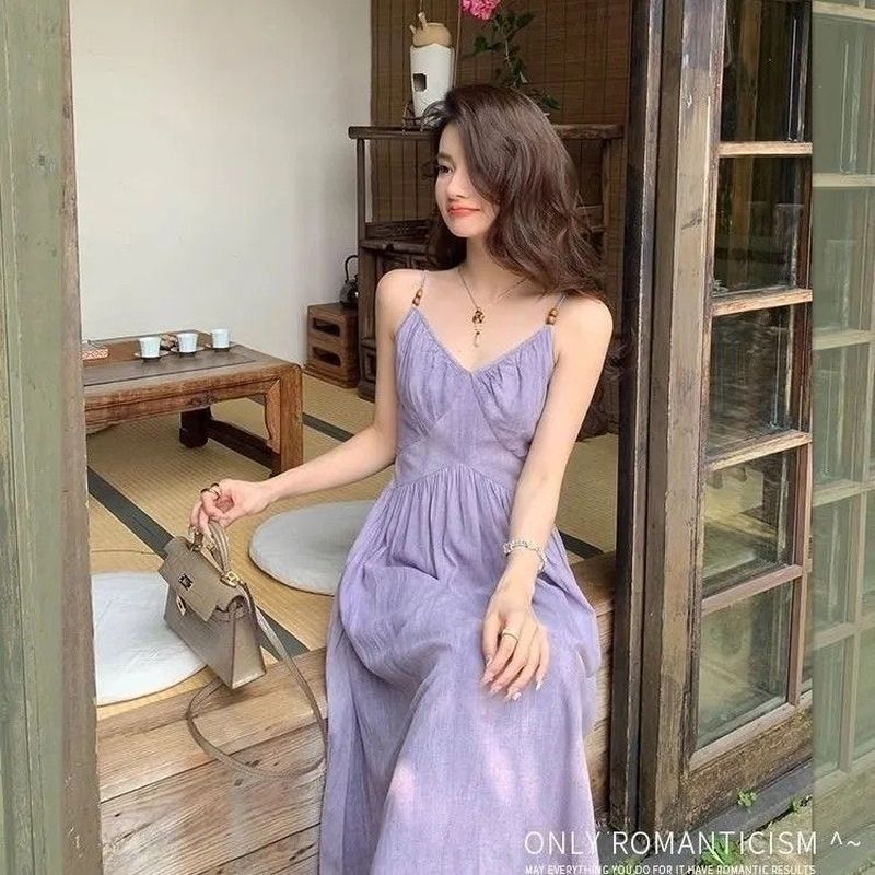 [COD] Gaun berwarna ungu lavender dengan tali spaghetti - gaya super anggun