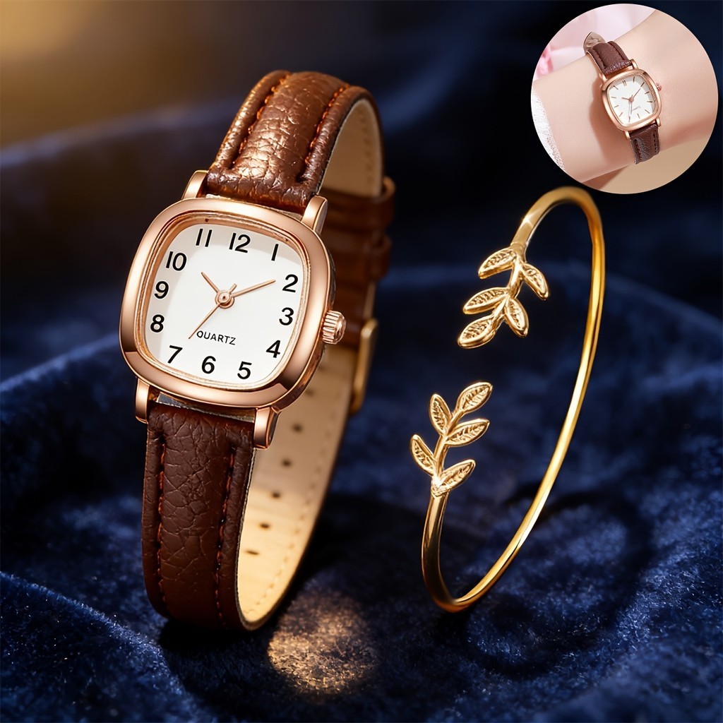 Wanita Jam Tangan + Gelang Wanita Jam Tangan Dial Kecil Jam Tangan Kulit Kuarsa Jam Tangan Gelang Bu