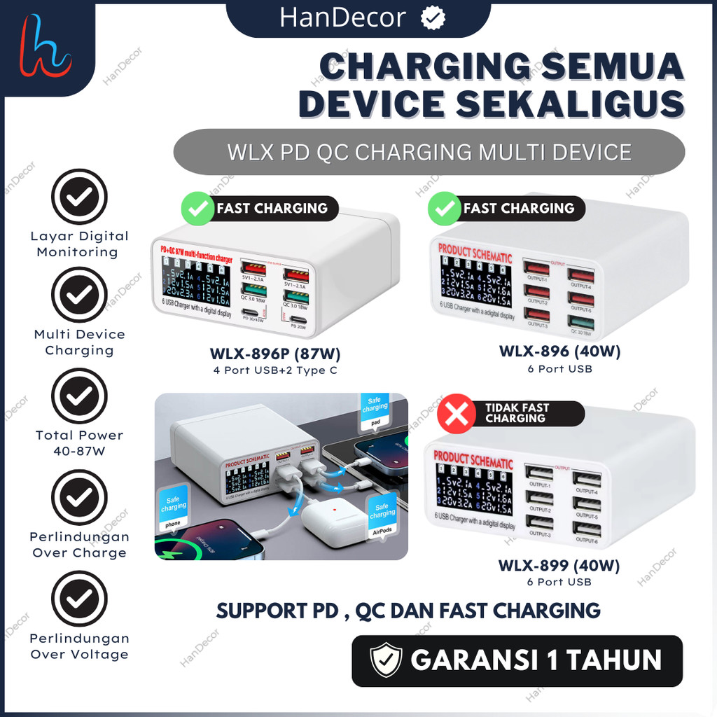WLX-896 896P 899 6 Port USB Fast Charger with LCD Display + QC 3.0 40W Fast Charging untuk HP Tablet