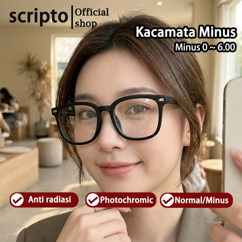 Scripto  Kacamata Photocromic Minus Silinder Wanita Pria Frame Bluecromic Anti Blueray Kaca Mata Opt