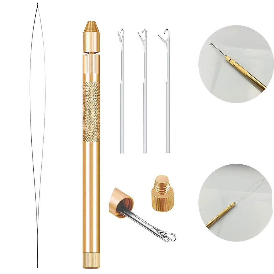 Kit Alat Ekstensi Rambut 3 Jarum Rajut, Penarik Benang, Penyangga Aluminium untuk Menarik Benang dan