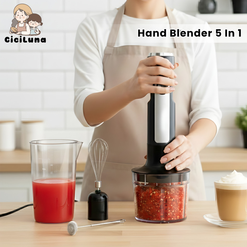 CICILUNA Hand Blender 5 in 1 Stainless Steel Blender Tangan Kuat 220 Watt Haluskan Daging Buah Sayur