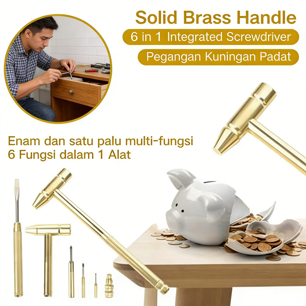 Tembaga palu mini multifungsi Palu rumah tangga obeng kecil Palu bulat dengan pegangan solid enam-in