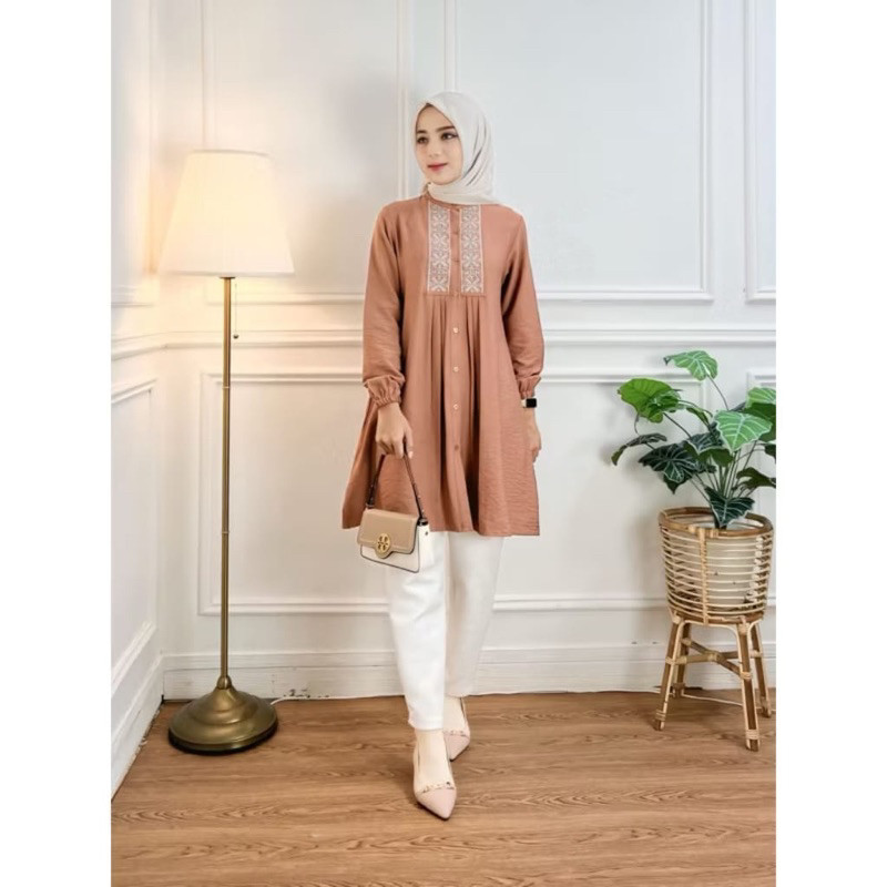 ATASAN TUNIK WANITA POLOS RENDA BORDIR CRINKLE PREMIUM  Tunik Bordir // Tunik Basic  Linen Crinkle P