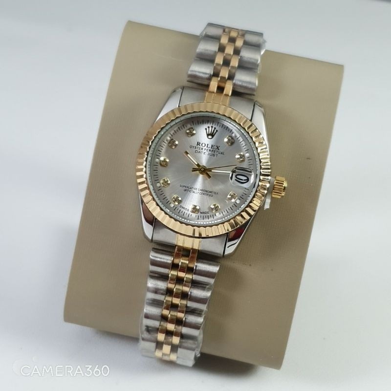 ( BISA COD ) Jam Tangan Wanita Rolex Original 31052 Tali Rantai Motif Gerigi Tanggal Aktif ( UKURAN 