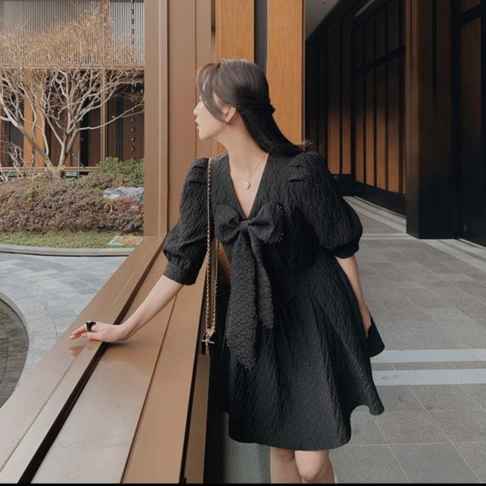 Meirong mini dress hitam polos mewah elegan wanita kekinian terbaru 2025 casual dress korean style d