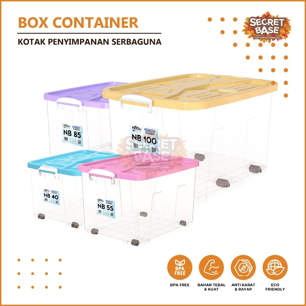 BOX CONTAINER + RODA Box Plastik 100 L / 85 L / 55 L / 40 L Kontainer Box Bening / Clear Besar
