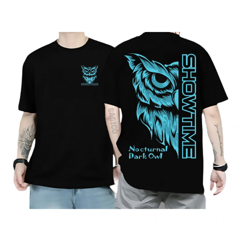 Kaos Pria Fashion - Kaos Lengan Pendek Premium Motif Owl Showtime Setengah Hitam / Desain Distro Tre