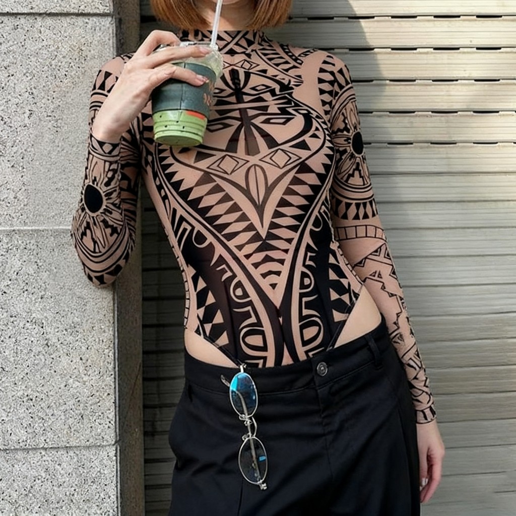[Stok tersedia] Bodysuit Wanita Lengan Panjang Transparan Bodycon Gaya Bohemian Retro