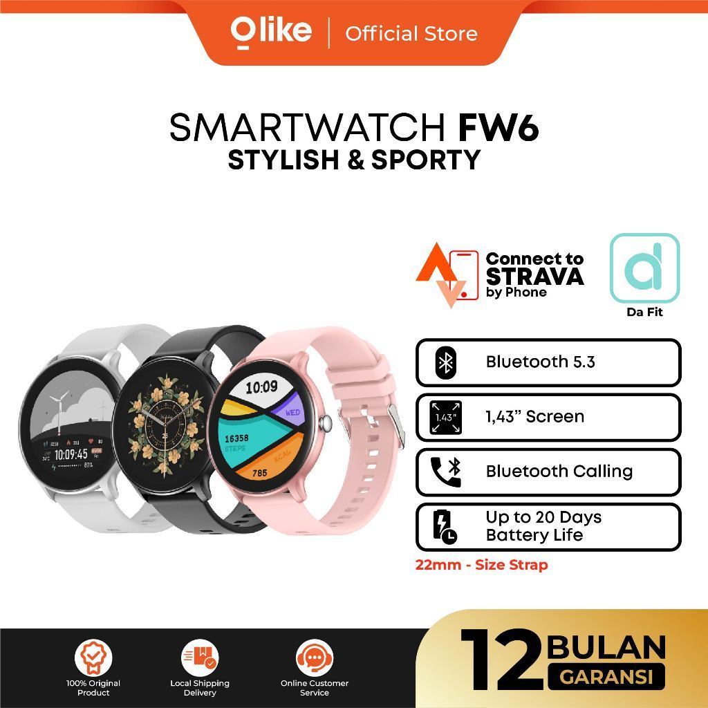 OLIKE FW6 Smartwatch Tahan Air Garansi Resmi | Sync Strava Baterai 20 Hari | 1.43" Display Healty Ma