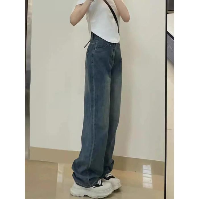 elsi- Biru Retro Celana Jeans Wanita Premium Celana Jeans Lurus Longgar Ala Korea