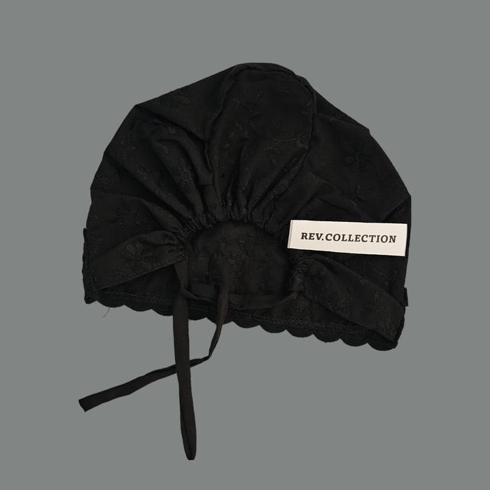 Ciput Dalaman Kerudung Haji Umroh Wanita - Katun Paris Full Bordir Putih & Hitam Lembut - Hitam