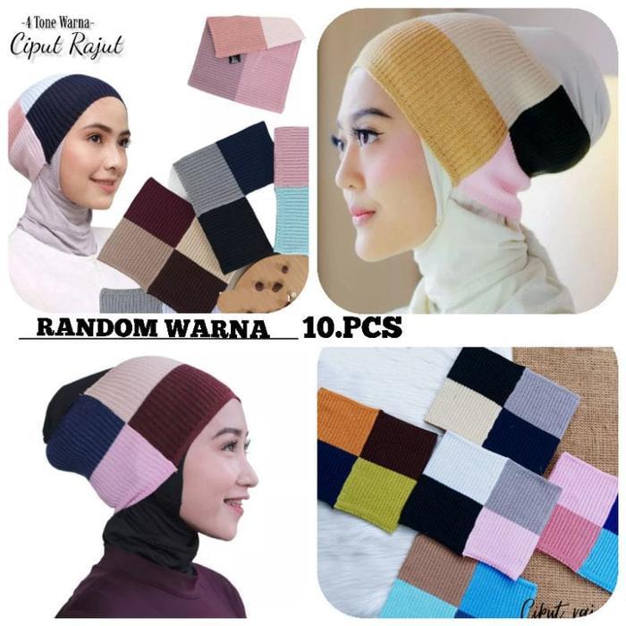 TERMURAH Isi 10 Pcs Ciput Rajut 4 Warna Bandana Salur Daleman Kerudung Jilbab Dewasa Dalaman Topi in
