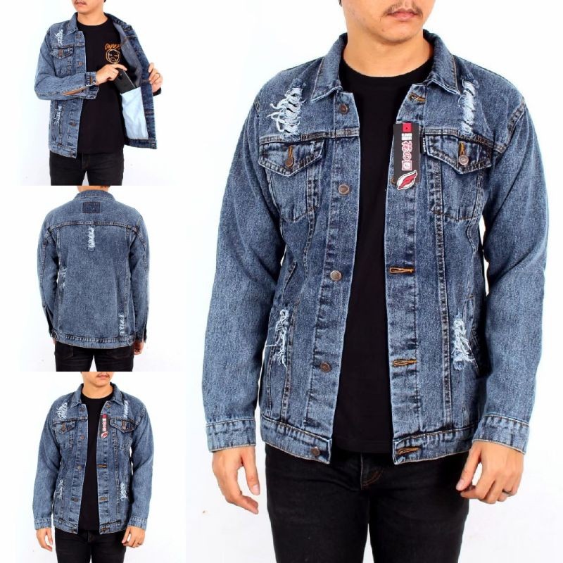 Jaket Jeans Pria Original Flower Country Model Sandwash polos dan Sobek DILAN DAN ARIEL NOAH