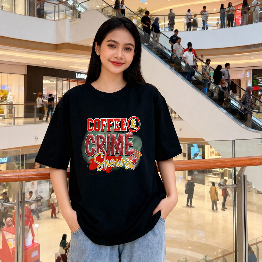 Distro Original 100% Coffee Crime Shows Kaos Wanita Oversize Santai Pakaian Atasan Wanita untuk Semu
