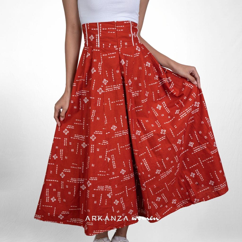ARKANZA WOMEN Rok Batik Cap Sania Skirt Melati Teracotta Bawahan Wanita Katun Modern Rempel Aline