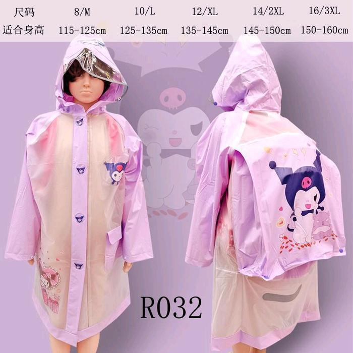 Jas hujan anak ransel / Mantel hujan anak / Jaket hujan anak dengan tas ransel - Kuromi, M