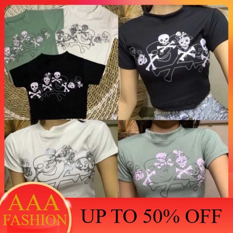 AAA Crop Tee Danger Skeleton Crop Top RIB Wanita