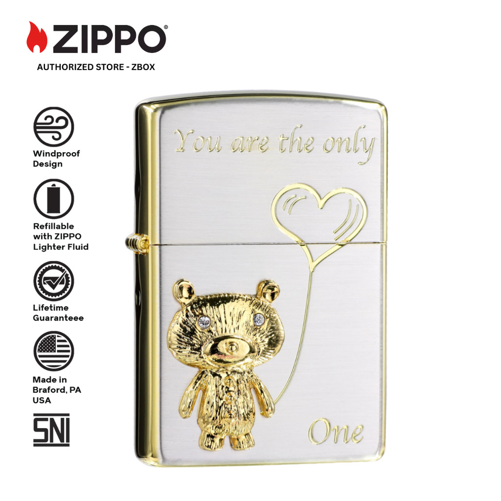 ZIPPO Original ZA-3-165A Heart & Bear - Silver with Gold - Korek Api Windproof USA