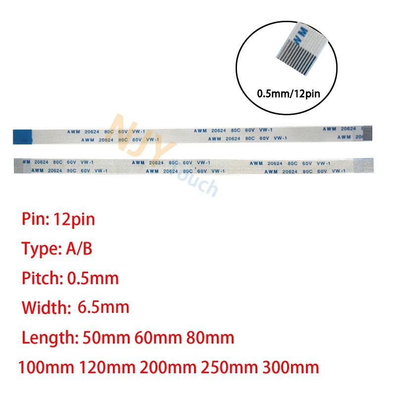 12Pin 05mm Pitch FFC FPC AWM 20624 80C 60V VW1 A B Type Flat Flexible Cable 60100150200250300400mm