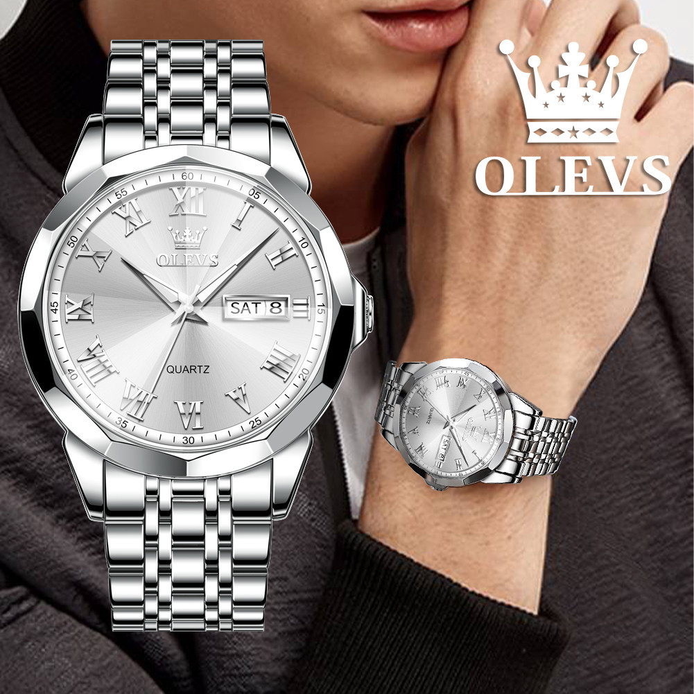 OLEVS Jam Tangan Pria Stainless Steel Strap Analog Quartz Anti Air Original 100% Kalender COD 9990