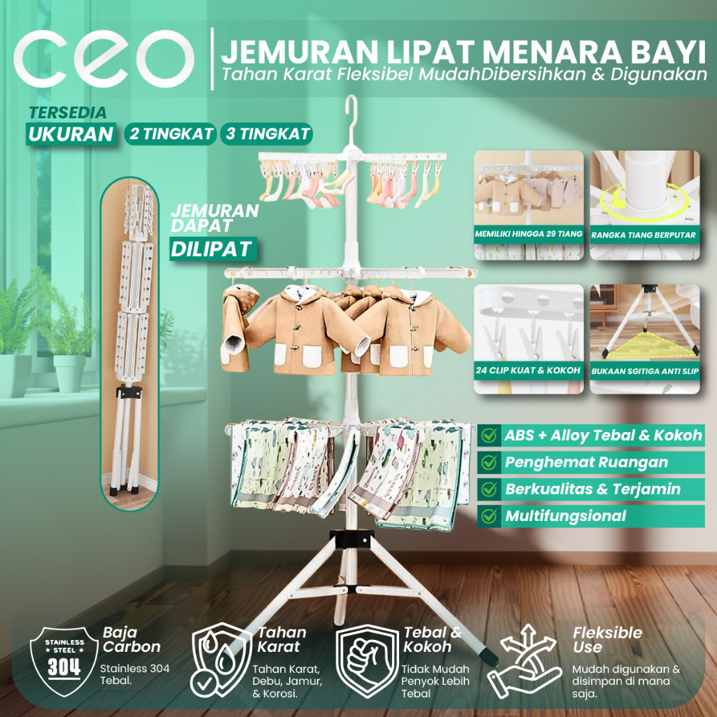 CEO Jemuran Menara Pakaian Portable Baju Bayi 2/3 Tingkat Serbaguna Set Klip Handuk Celana baby