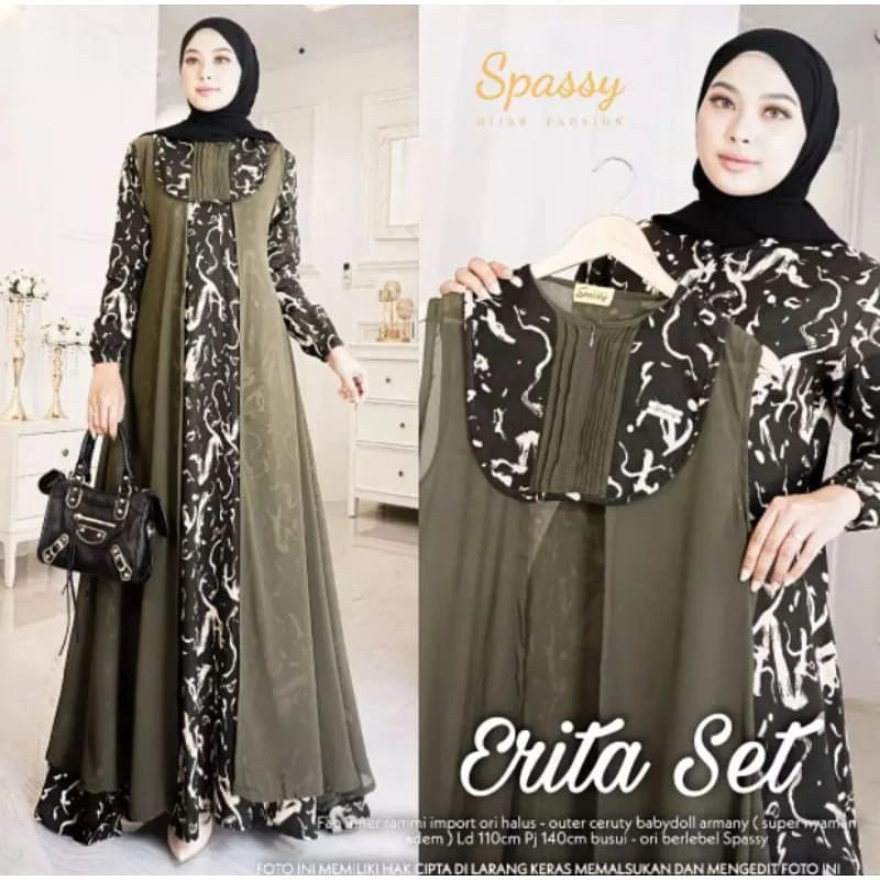 TERLARIS Gamis terbaru Erita set outer lepas matt Katun rami premium mix ceruty bebydoll terbaru