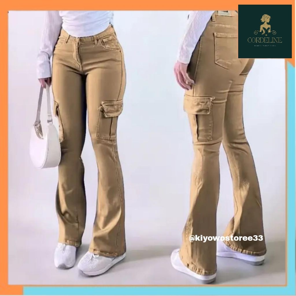 Celana Jeans Wanita - Highwaist Cutbray Cargo Terbaru - Celana Cutbray Wanita Kekinian ootd