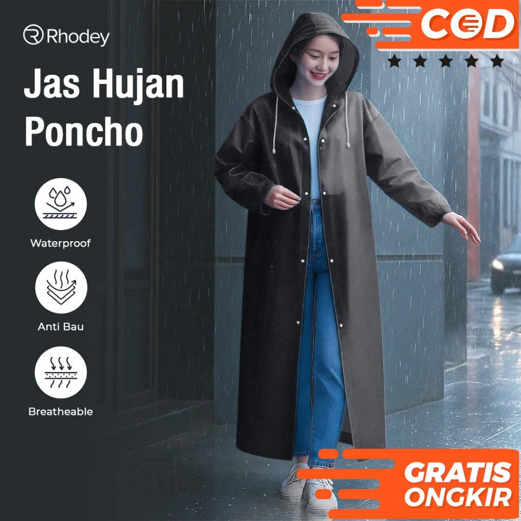 PROMO RHODEY JAS HUJAN PORTABLE RAINCOAT PONCHO EVA ALL SIZE WITH HOOD TY876 BLACK WHITE BLUE TERMUR